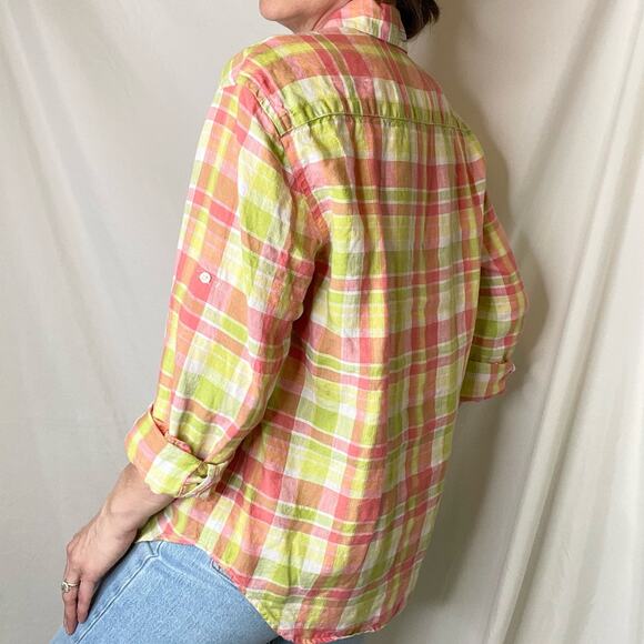 Vintage linen button-down shirt long sleeve plaid blouse watermelon pink green M - Picture 3 of 17